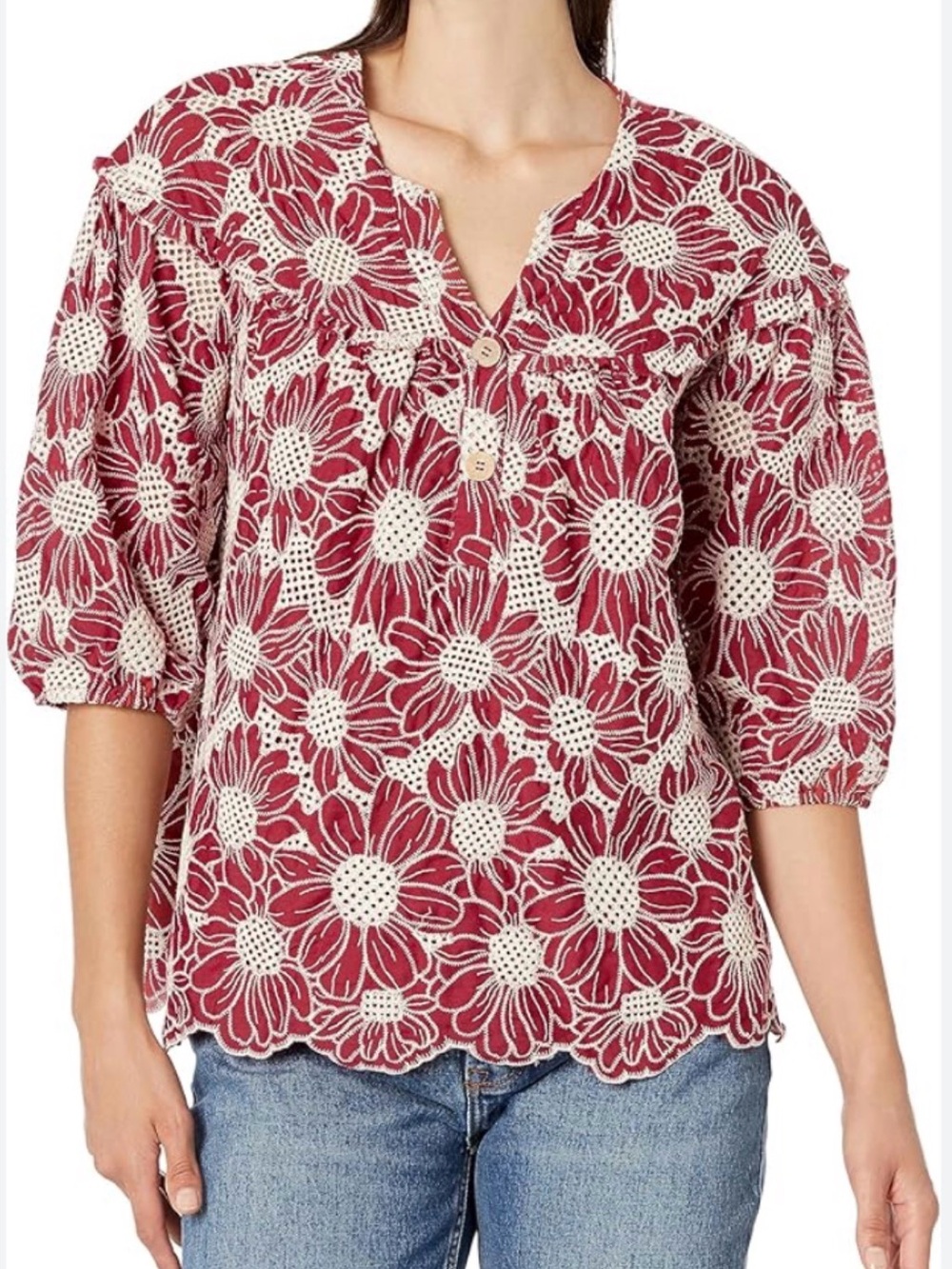 Tru Luxe Jeans Red Floral Eyelet Peasant Blouse Size L EUC